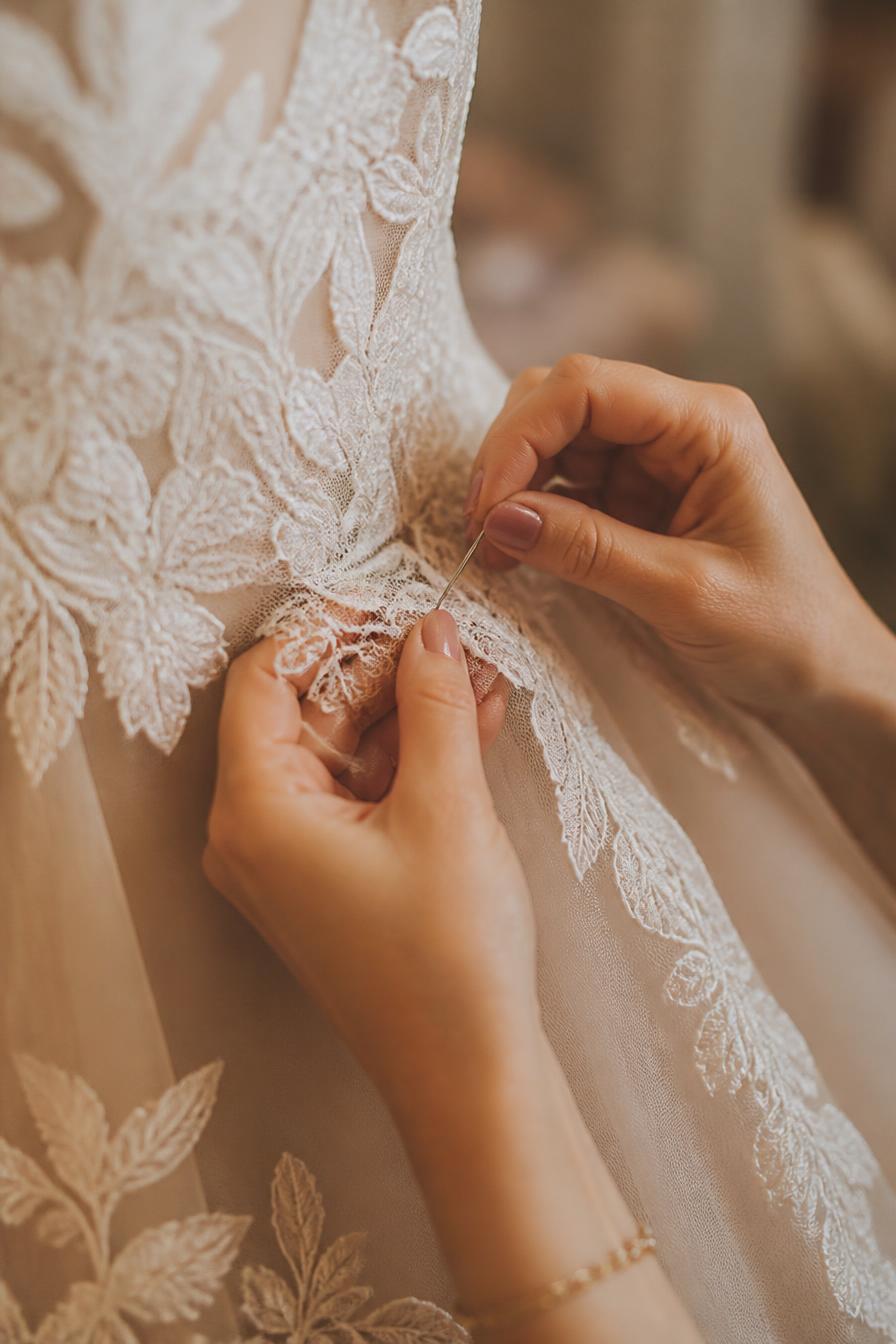 Seamstress hand-sewing delicate lace on a wedding dress
