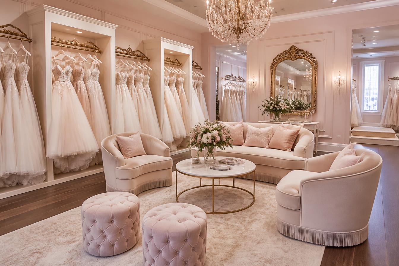 Elegant bridal boutique interior with gowns and seating