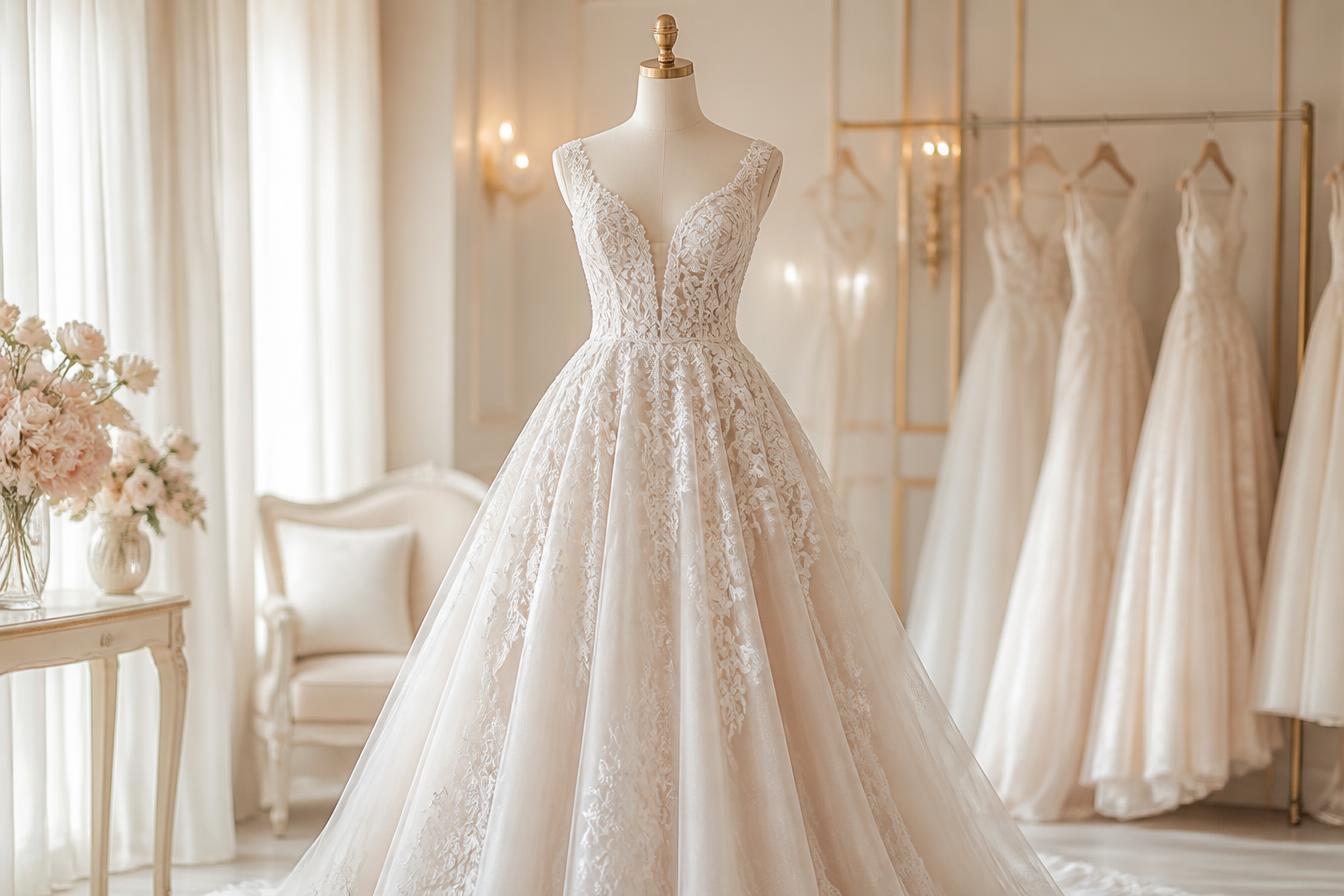 Elegant lace wedding gown on a mannequin in a romantic boutique